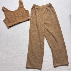 Cozy Teddy Bear Sherpa Lounge Set Crop Top Pants Women's Tan S
